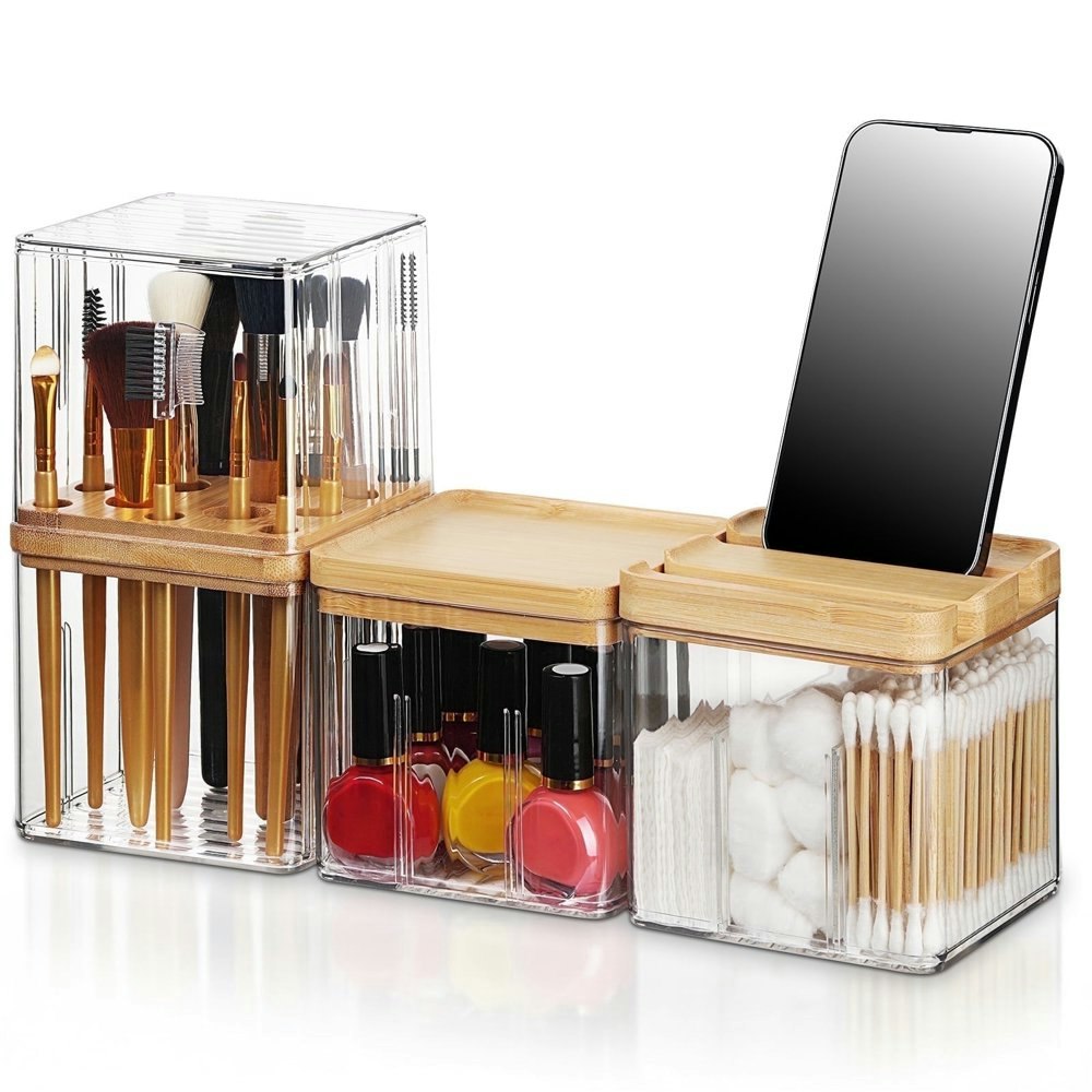 Iwntwy Makeup Organizer with Wood Lids 3-Pack: $19.99 Iwntwy Makeup Organizer with Wood Lids 3-Pack: $19.99