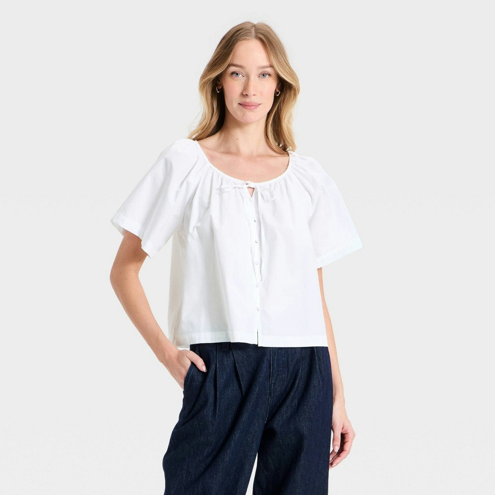 Women's Tie-Front Button-Up Top: $30