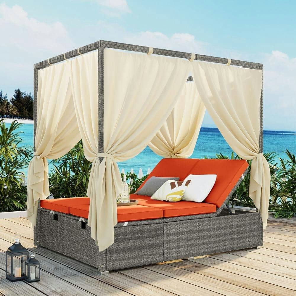 Orange Wicker Outdoor Day Bed with Cushions and Adjustable Backrest: $543.99