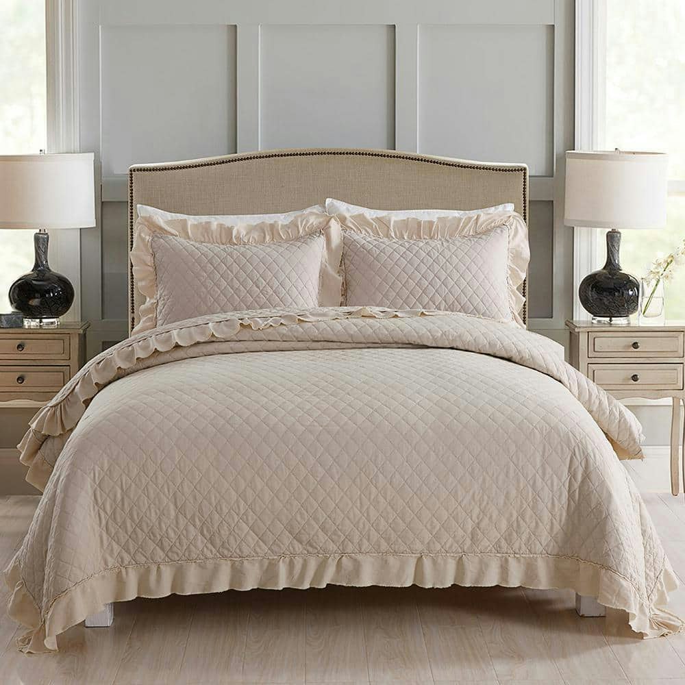 Beige King Microfiber Ruffled Quilt Set 3-Piece: $39