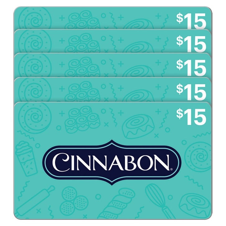 Five $15 Cinnabon Gift Cards ($75 Value): $60 Five $15 Cinnabon Gift Cards ($75 Value): $60