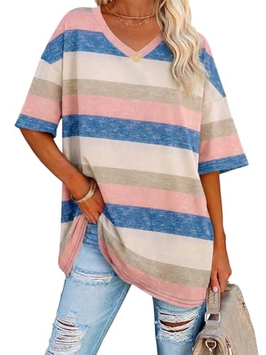 Ebifin Women's Oversized Striped V-Neck T-Shirt: $14.44