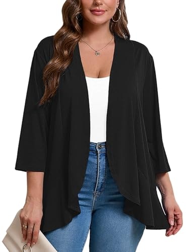AusLook Women's Plus Size 3/4 Sleeve Open Front Ruffled Cardigan: $12.74