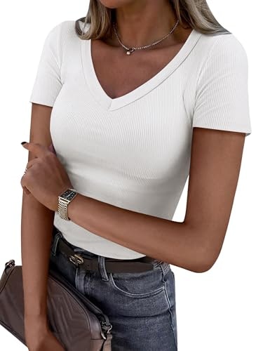 Anrabess Women's V-Neck Ribbed Knit T-Shirt: $9.49