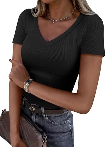 Anrabess Women's Short Sleeve V-Neck Ribbed Knit Tee: $8.58