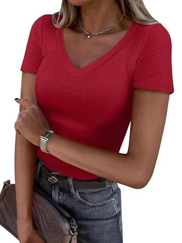Anrabess Women's Short Sleeve V-Neck Ribbed Knit T-Shirt: $14.24 Anrabess Women's Short Sleeve V-Neck Ribbed Knit T-Shirt: $14.24