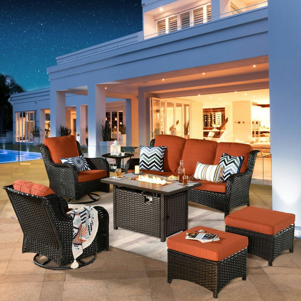 Ovios Orlando 7-Piece Outdoor Wicker Patio Conversation Sofa Set with Fire Pit: $1,539.99 Ovios Orlando 7-Piece Outdoor Wicker Patio Conversation Sofa Set with Fire Pit: $1,539.99