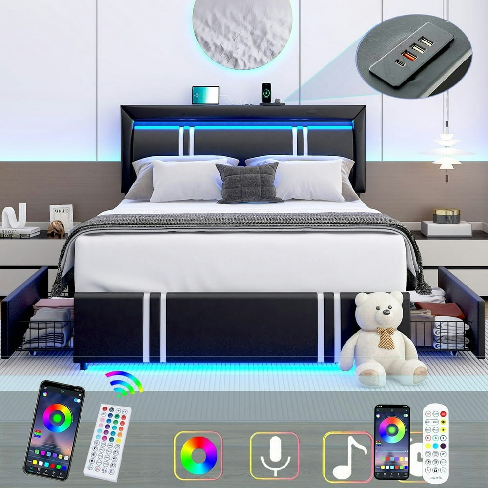 Full Size Upholstered LED Bed Frame with Storage Drawers: $119.99