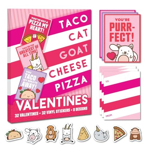 Taco Cat Goat Cheese Pizza Valentine's Day Cards 32-Pack: $5.37