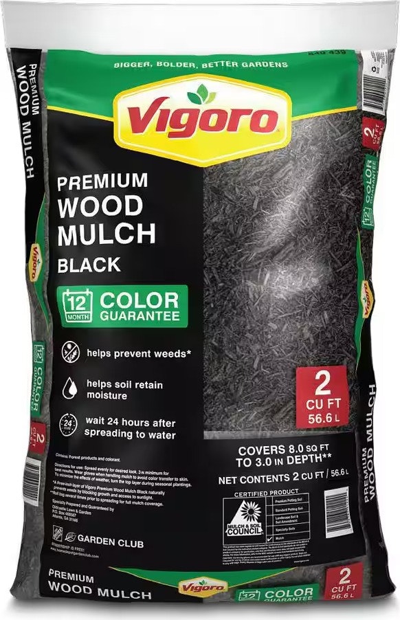 Vigoro Premium Black Wood Shredded 2 cu. ft. Bagged Mulch: $3