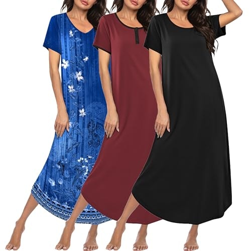 Ekouaer Women's Long Nightgown 3-Pack: $29.98 Ekouaer Women's Long Nightgown 3-Pack: $29.98