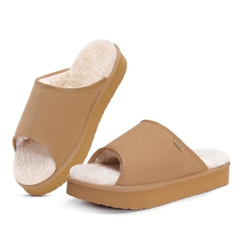 Fitory Women's Faux Rabbit Fur Cork Slide Sandals: $9.49