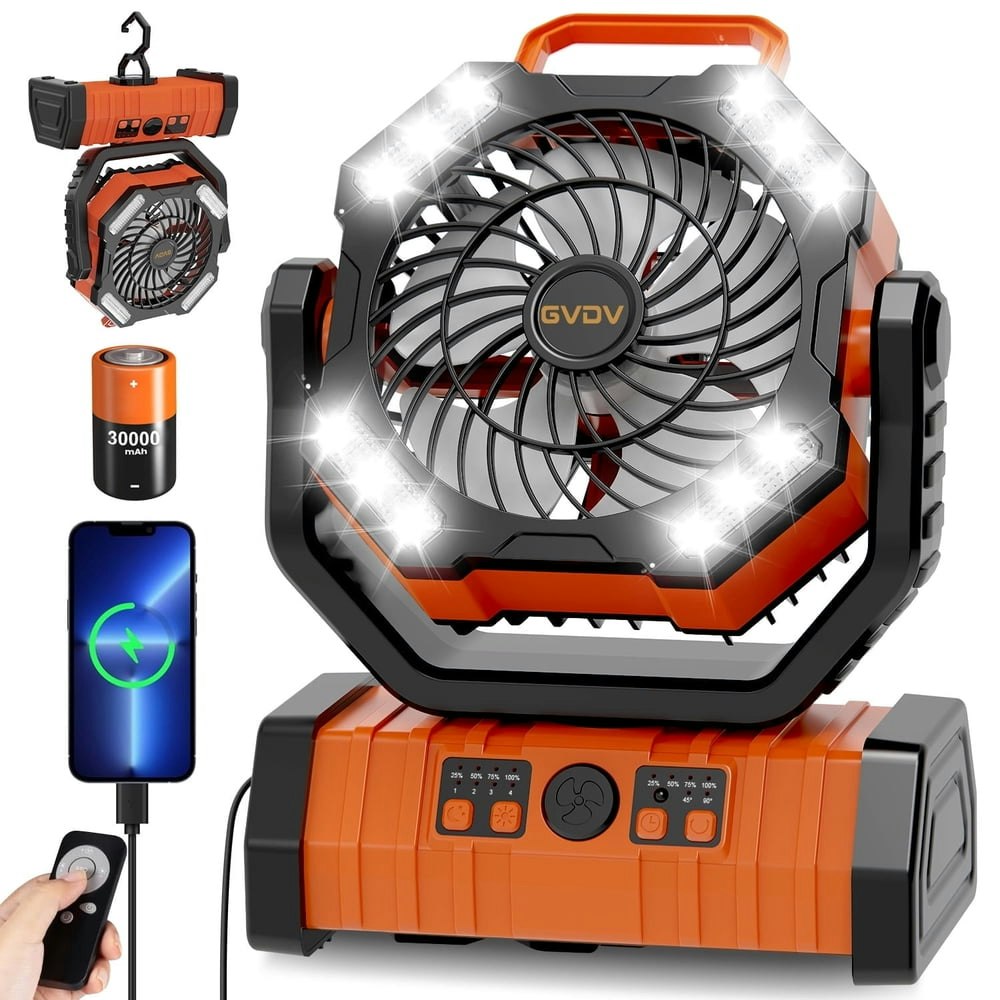 GVDV 30,000mAh Portable Rechargeable Camping Fan with LED Lights and Remote Control: $37.94 GVDV 30,000mAh Portable Rechargeable Camping Fan with LED Lights and Remote Control: $37.94