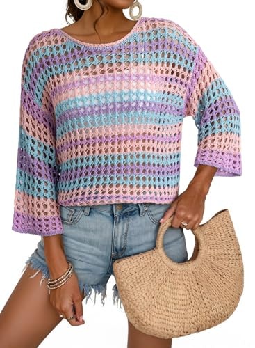Dokotoo Women's 3/4 Sleeve Crochet Knit Striped Pullover Sweater: $19.57 Dokotoo Women's 3/4 Sleeve Crochet Knit Striped Pullover Sweater: $19.57