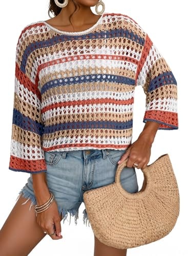 Dokotoo Women's Striped Crochet Off-The-Shoulder 3/4 Sleeve Sweater: $19.56 Dokotoo Women's Striped Crochet Off-The-Shoulder 3/4 Sleeve Sweater: $19.56