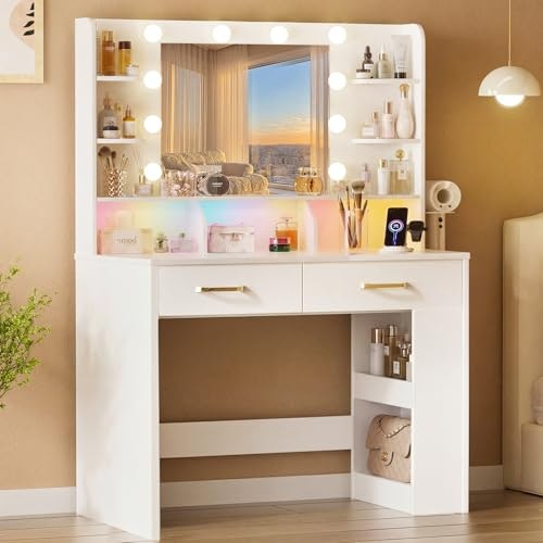Comhoma Vanity Desk with Lighted Mirror and Power Outlet: $109.96