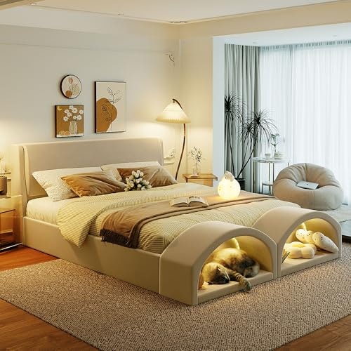 Merax Queen Upholstered Platform Bed Frame with Cat Caves: $275 Merax Queen Upholstered Platform Bed Frame with Cat Caves: $275