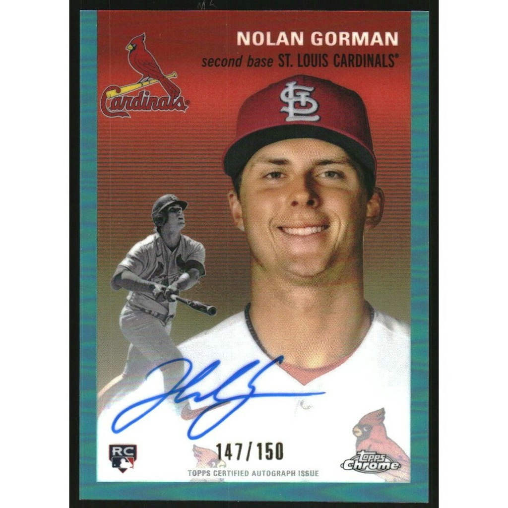 2023 Topps Chrome Platinum Anniversary Nolan Gorman Aqua Refractor Autograph Card: $36