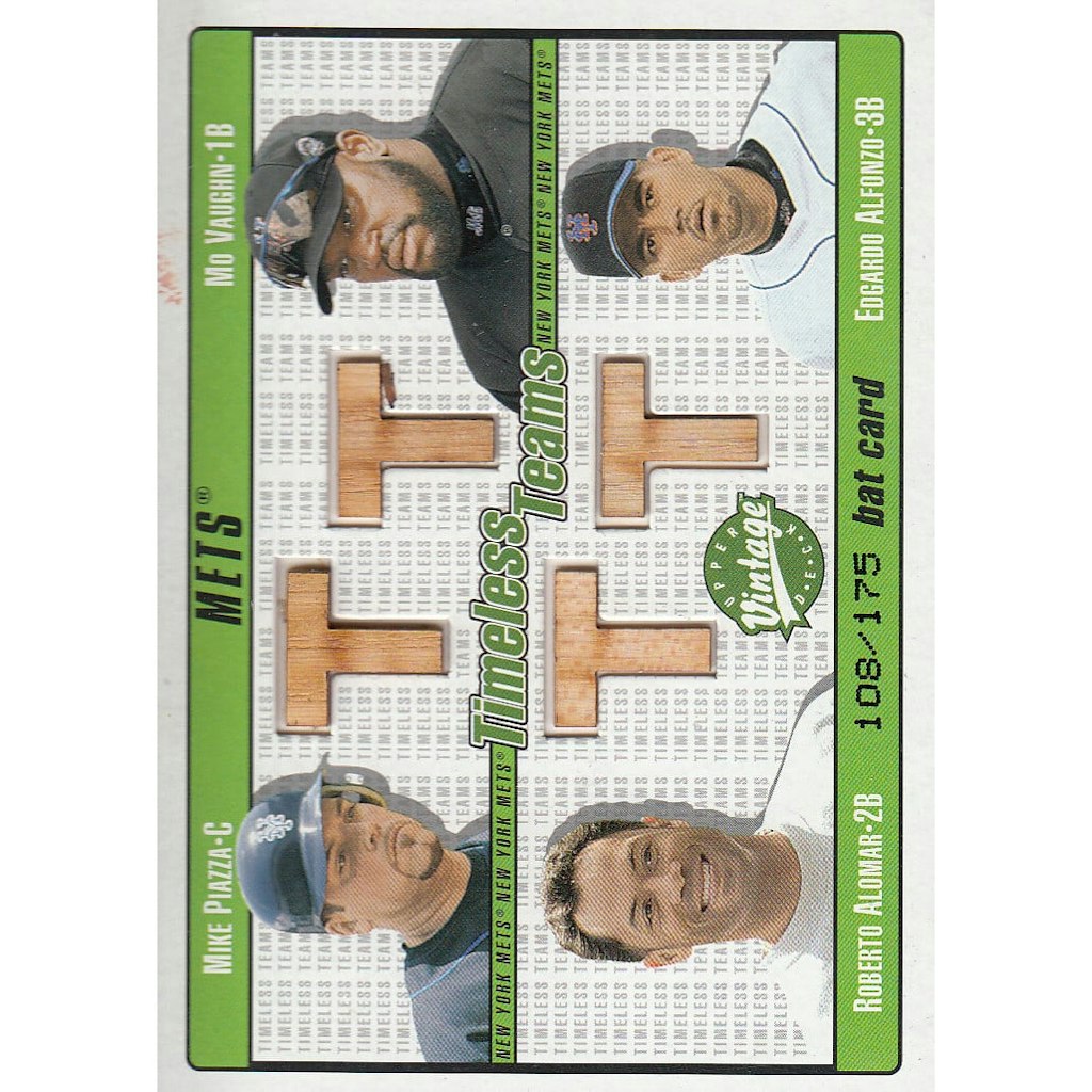 2003 Upper Deck Vintage Timeless Teams Bat Quads Mike Piazza, Mo Vaughn, Roberto Alomar, and Edgardo Alfonzo: $54 2003 Upper Deck Vintage Timeless Teams Bat Quads Mike Piazza, Mo Vaughn, Roberto Alomar, and Edgardo Alfonzo: $54