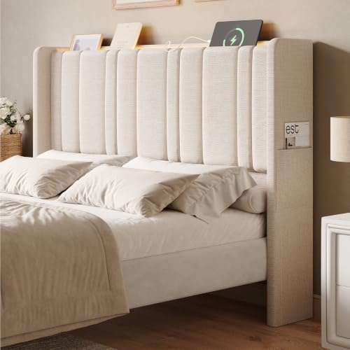 Queen Size Linen Headboard with LED Lights and Charging Station: $139.99