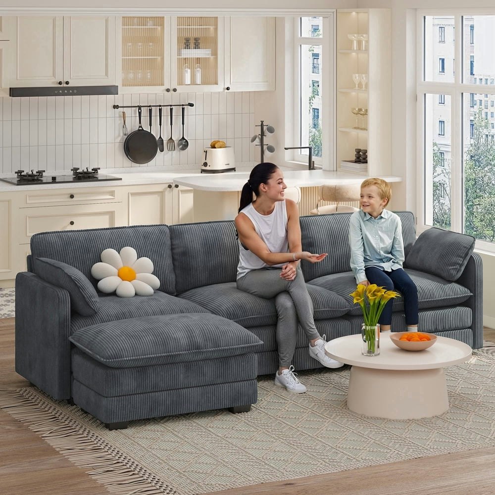 Jolifa L-Shaped 3-Seat Corduroy Sectional Sofa with Ottomans: $309.99