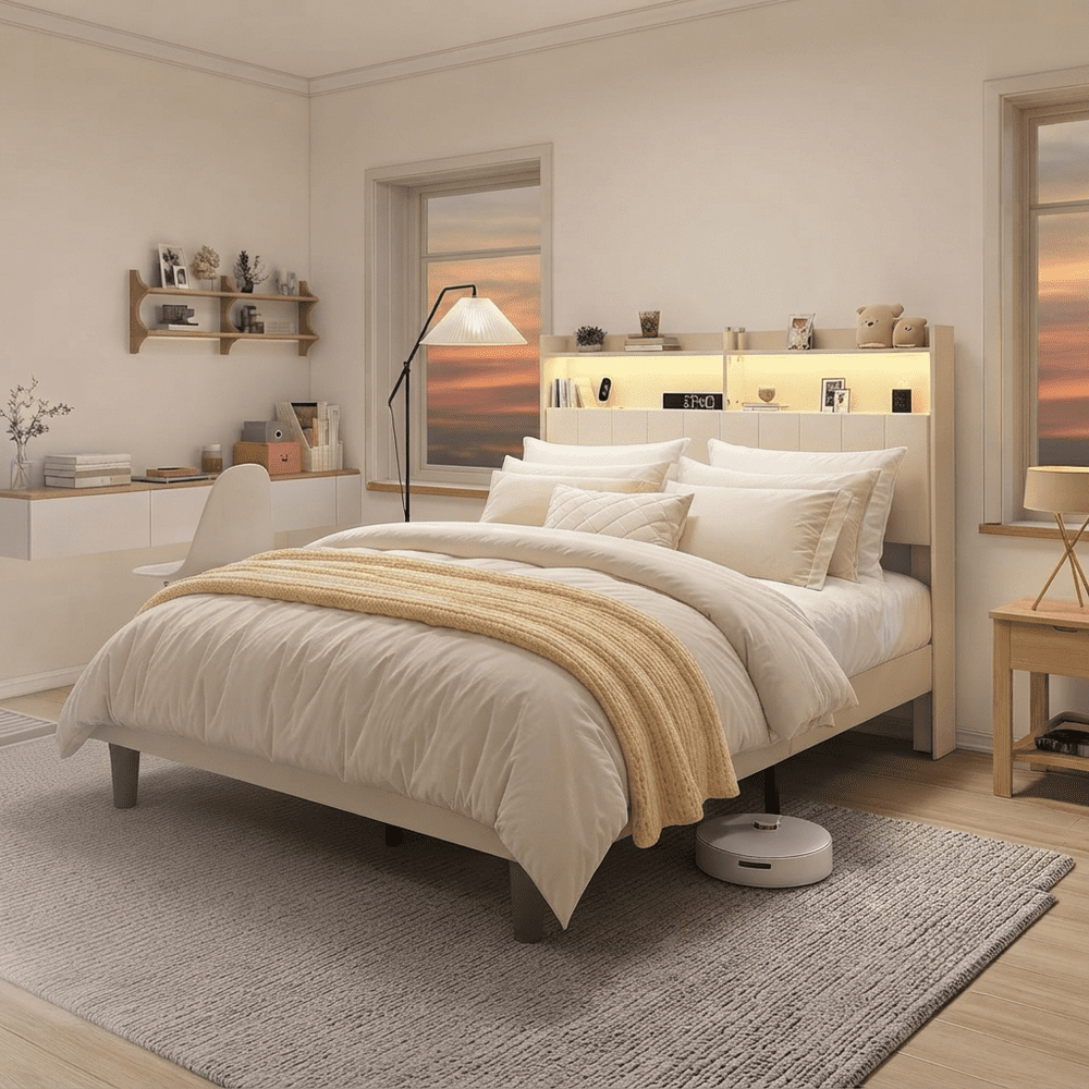 Jolifa Upholstered Full Bed Frame with LED Headboard, Storage Shelf, and Charging Station: $99.99 Jolifa Upholstered Full Bed Frame with LED Headboard, Storage Shelf, and Charging Station: $99.99