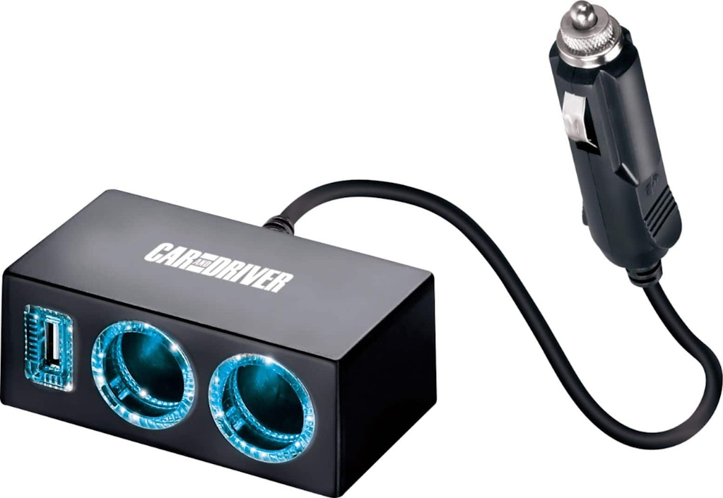 Car and Driver LED Car Charging Station with Dual 12V Sockets and USB Port: $11.99