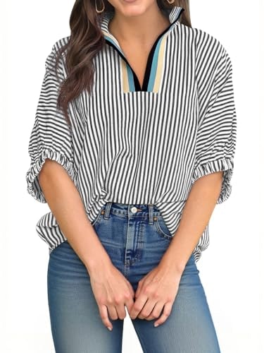 Tankaneo Women's V-Neck Striped Half-Sleeve Blouse: $14.99