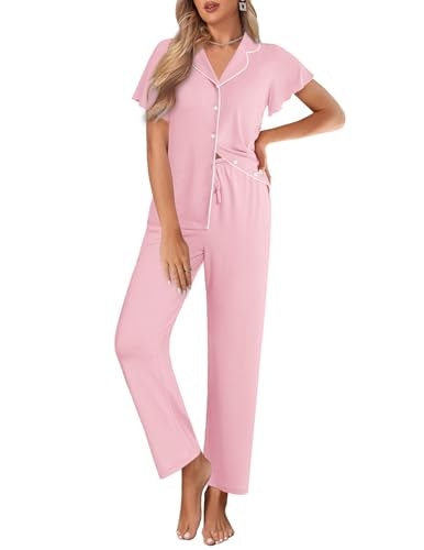 Ekouaer Women's Ruffle Sleeve Button Up Pajama Set: $23.74 Ekouaer Women's Ruffle Sleeve Button Up Pajama Set: $23.74