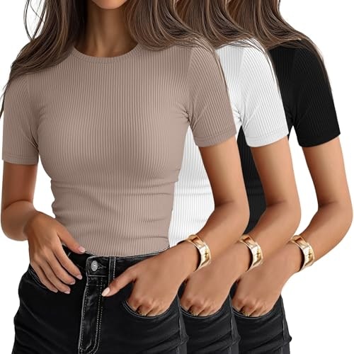 Ficerd Women's Ribbed Short Sleeve T-Shirt 3-Pack: $31.44