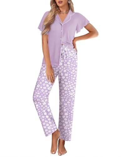 Ekouaer Women's Ruffle Sleeve Button-Up Pajama Set: $19.99 Ekouaer Women's Ruffle Sleeve Button-Up Pajama Set: $19.99