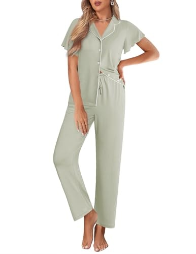Ekouaer Women's Ruffle Sleeve Button-Up Pajama Set: $23.79 Ekouaer Women's Ruffle Sleeve Button-Up Pajama Set: $23.79