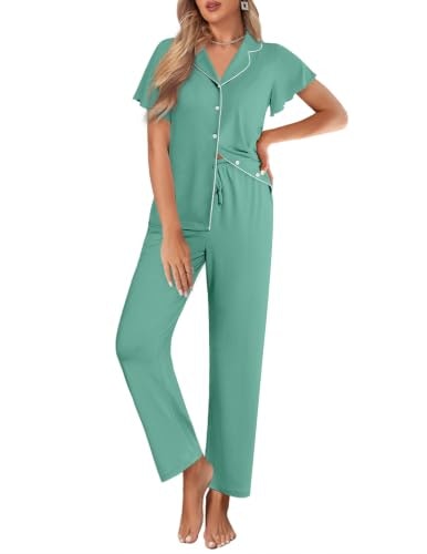 Ekouaer Women's Ruffle Sleeve Button-Up Pajama Set: $26.99 Ekouaer Women's Ruffle Sleeve Button-Up Pajama Set: $26.99
