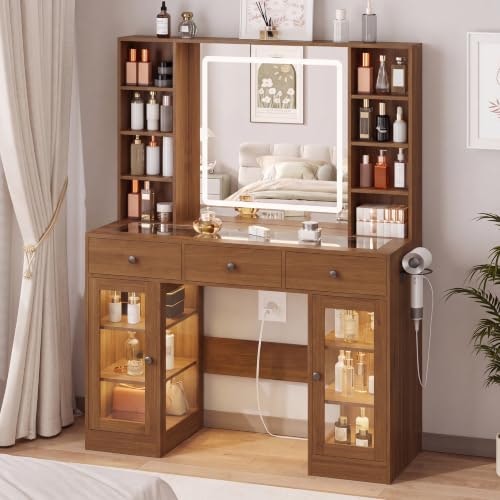 Walnut Vanity Desk with Lighted Mirror and 3 Drawers: $220.99 Walnut Vanity Desk with Lighted Mirror and 3 Drawers: $220.99