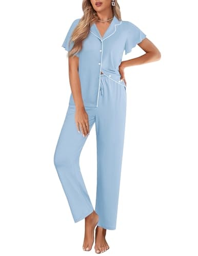 Ekouaer Women's Ruffle Sleeve Button-Up Pajama Set: $23.99 Ekouaer Women's Ruffle Sleeve Button-Up Pajama Set: $23.99