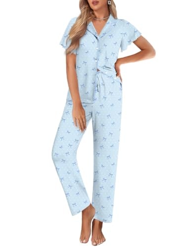 Ekouaer Women's Ruffle Sleeve Button-Up Pajama Set: $27.54 Ekouaer Women's Ruffle Sleeve Button-Up Pajama Set: $27.54