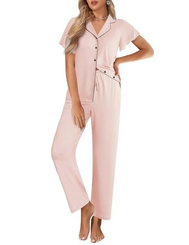 Ekouaer Women's Ruffle Sleeve Button-Up Pajama Set: $22.24 Ekouaer Women's Ruffle Sleeve Button-Up Pajama Set: $22.24