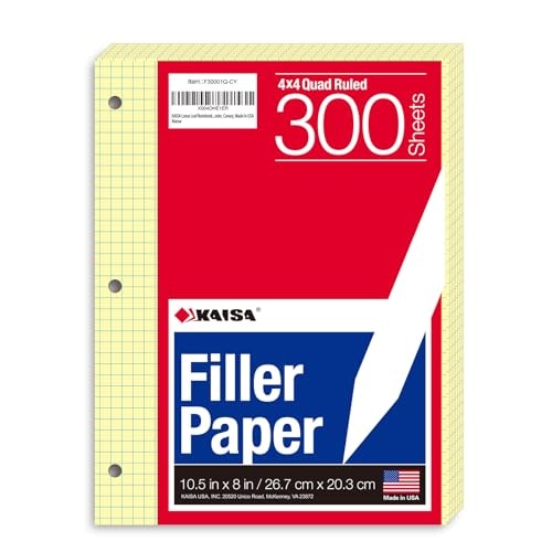 Kaisa 8" x 10.5" 4x4 Quad Graph Ruled Loose Leaf Paper 300-Sheet Pack: $9.34 Kaisa 8" x 10.5" 4x4 Quad Graph Ruled Loose Leaf Paper 300-Sheet Pack: $9.34