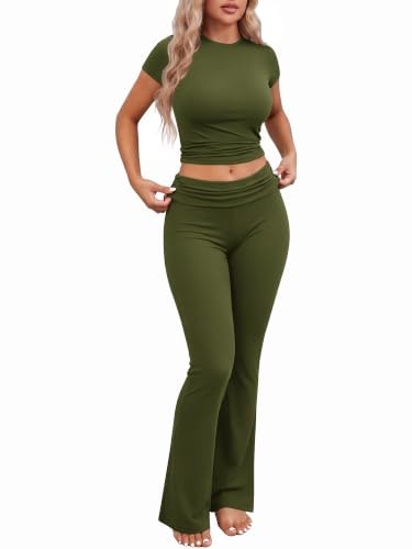 Ekouaer Women's Short Sleeve Crop Top and Flare Pant Pajama Set: $14.24 Ekouaer Women's Short Sleeve Crop Top and Flare Pant Pajama Set: $14.24