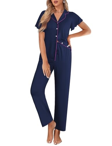 Ekouaer Women's Ruffle Sleeve Button-Up Pajama Set: $16.99 Ekouaer Women's Ruffle Sleeve Button-Up Pajama Set: $16.99