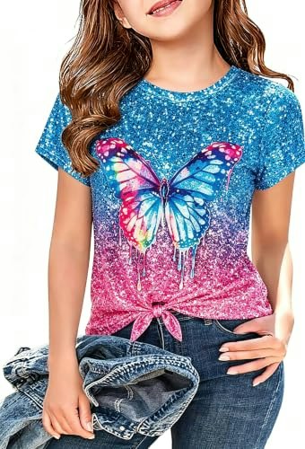 Girls Tie-Front Butterfly Short Sleeve T-Shirt: $8.49