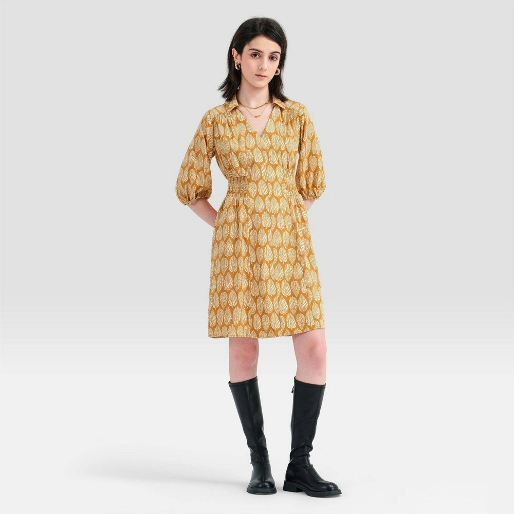 Women's Puff 3/4 Sleeve Smocked Waist Shirtdress: $38