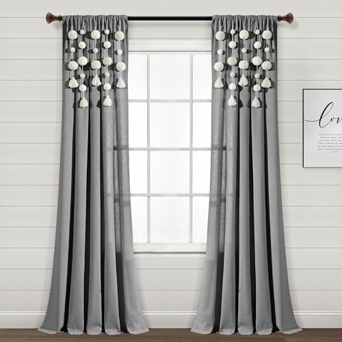 Lush Decor 52" x 84" Boho Pom Pom Tassel Linen Textured Curtain Panel: $21.67