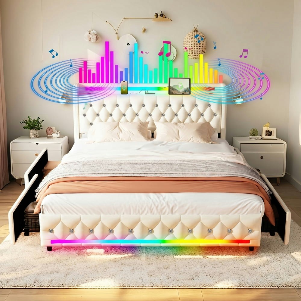 Bioever Queen Velvet Bed Frame with Storage Drawers, Bluetooth Speakers, and LED Lighting: $189 Bioever Queen Velvet Bed Frame with Storage Drawers, Bluetooth Speakers, and LED Lighting: $189