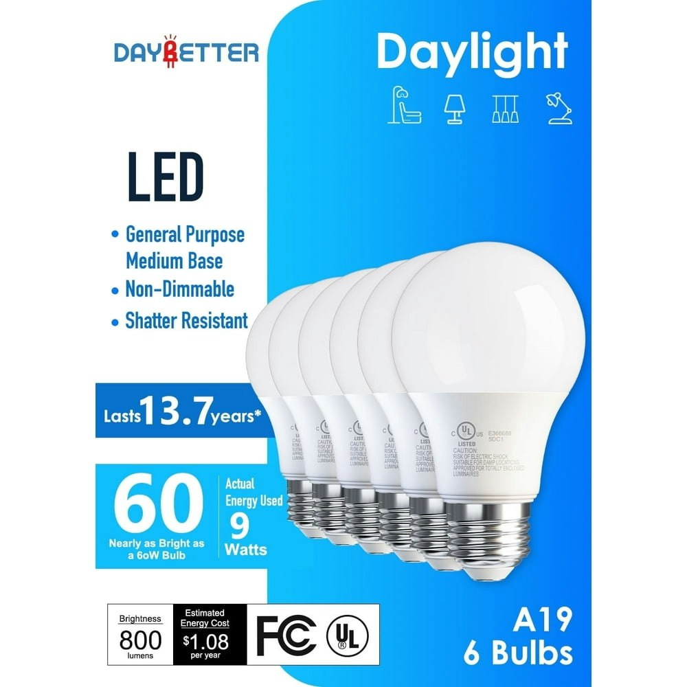 Daybetter A19 60W Equivalent 5000K LED Light Bulb 6-Pack: $8.99 Daybetter A19 60W Equivalent 5000K LED Light Bulb 6-Pack: $8.99