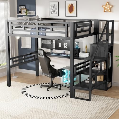 PvwiiK Full Loft Bed with Desk and Wardrobe: $319.99