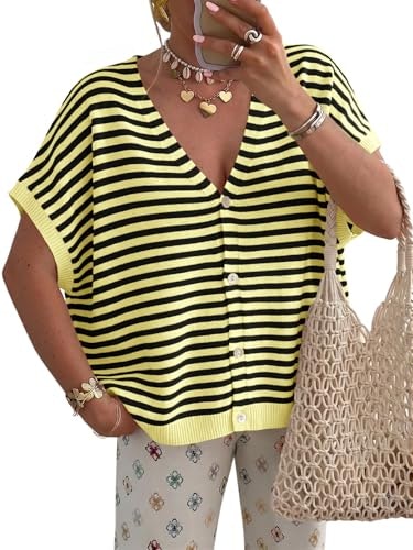 Saodimallsu Women's Striped Short Sleeve Lightweight Cardigan: $25.49