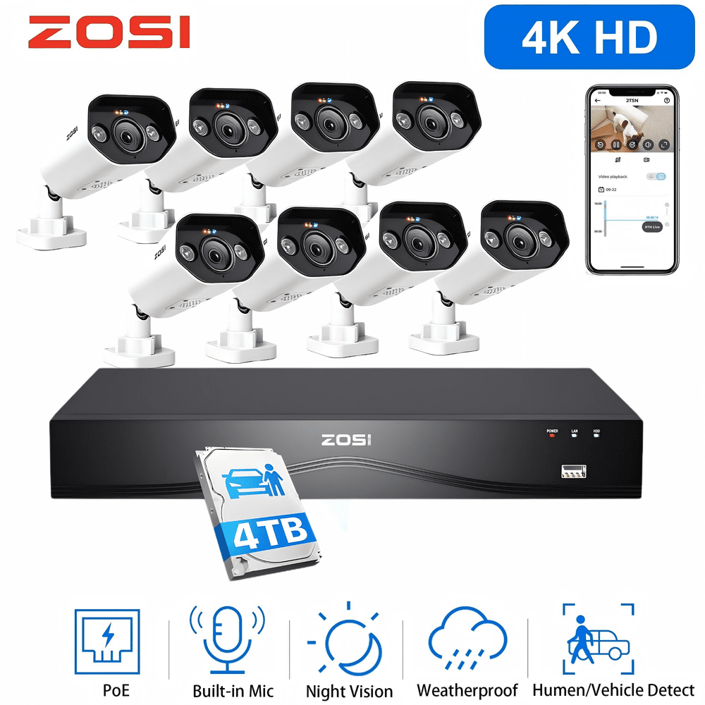 Zosi 16-Channel 8-Camera 4K PoE Home Security System with 4TB Hard Drive: $702.99