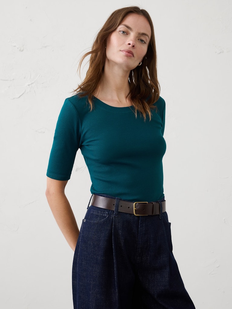 Ribbed Elbow-Sleeve T-Shirt: $17.50