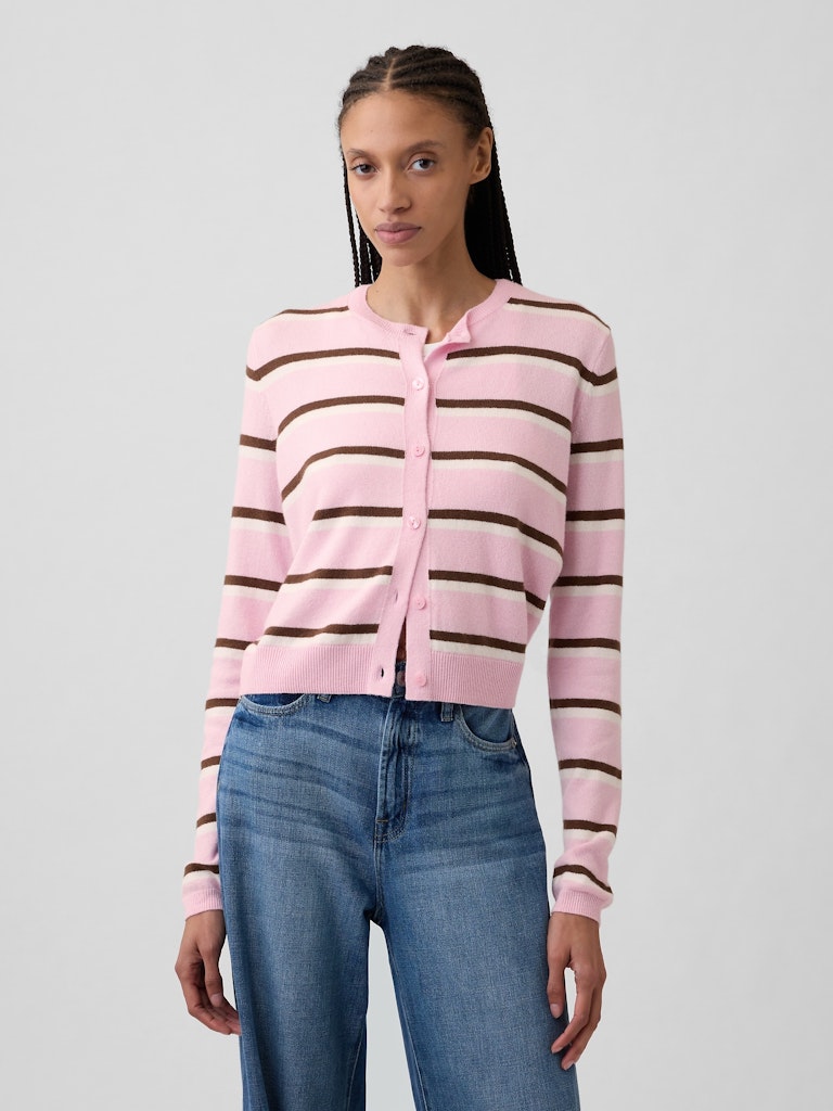 CashSoft Stripe Crewneck Cardigan: $29.99
